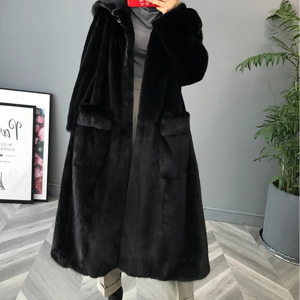 Новинка 2019 Женское пальто из натурального меха норки женское длинное с капюшоном