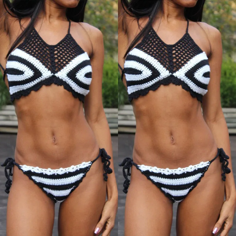 Шикарный комплект бикини женский сексуальный купальник вязаный на шнуровке