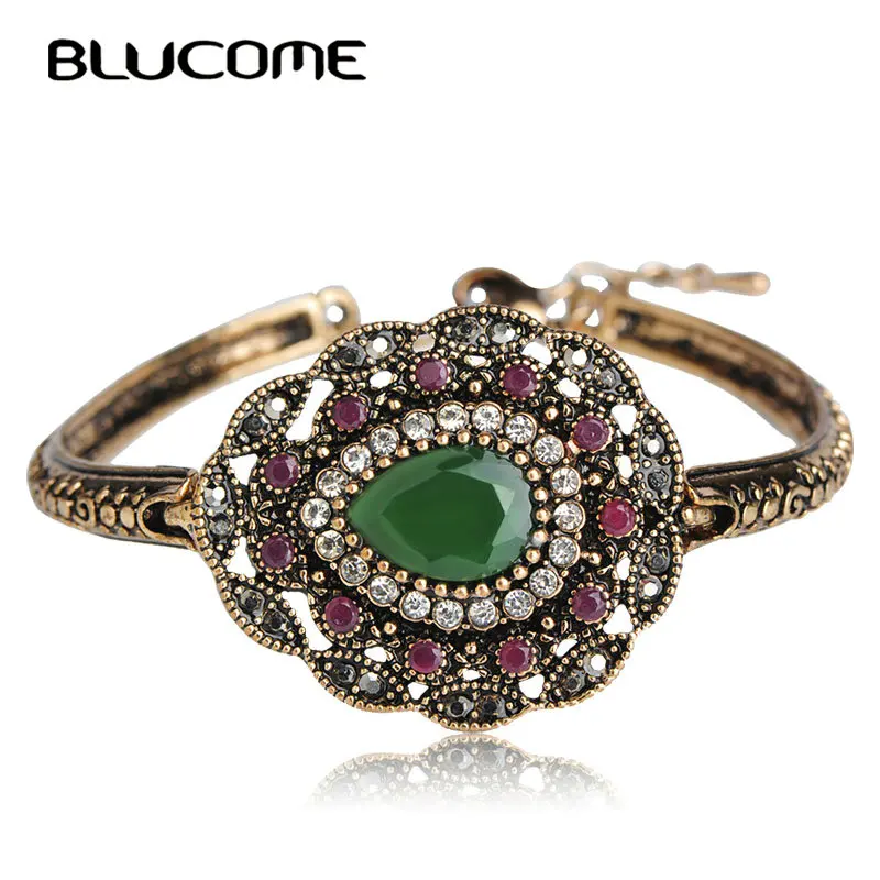 Blucome, Винтажный Зеленый полимерный браслет с кристаллами, турецкие женские ювелирные изделия, капля воды, античное золото, цветные браслеты, вечерние браслеты для девушек