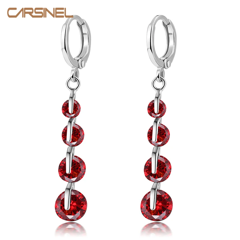 CARSINEL 4 круглый дизайн Красный Циркон Серьги Кольца для женщин серебристый блестящий цвет CZ длинные ювелирные изделия