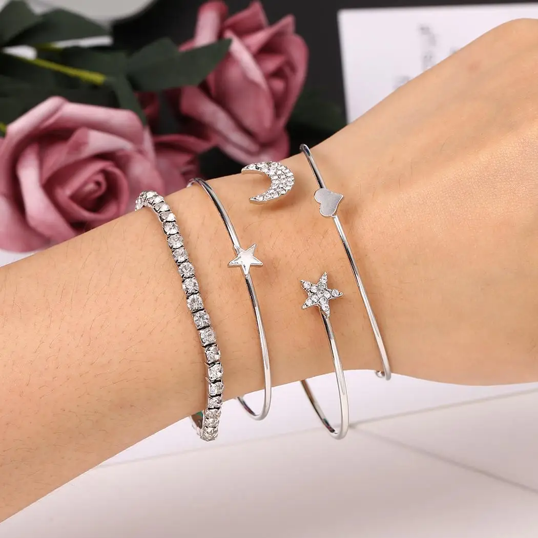 Golden Set Stackable Hasp Silver Open Letter Pattern Heart Adjustable Feather Cuff Women Party Bracelet Casual | Украшения и