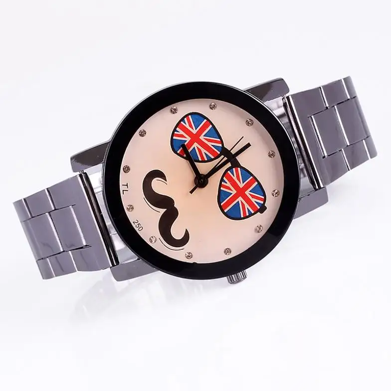 Lovers watch for young man women with uk flag glass beard design crystal diamonds quartz stainless steel wholesale dropship | Наручные