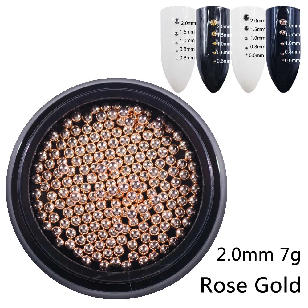 2.0mm rose gold 7g Металлические микро бусины из нержавеющей стали 0,6 мм-2,0 мм бусины для дизайна ногтей Икра 3D DIY золото/серебро/розовое золото/серебро серый аксессуары для дизайна ногтей - Цвет: 2.0mm rose gold 7g