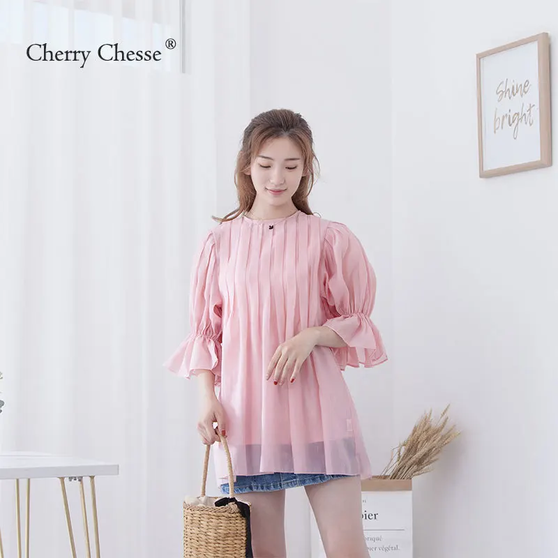 Cherry Chesse 2018 Лето Полупрозрачная блузка Для женщин с расклешенными рукавами