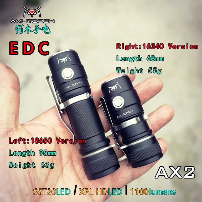 Мини светодиодная вспышка Amutorch AX2 XPL HD/SST20 1100 лм Мощная батарея 16340 или 18350 фонарик