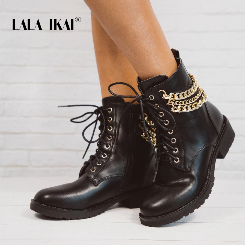 LALA IKAI/женские ботильоны зимние Винтаж сапоги на шнуровке кожаные Золотой Chaine