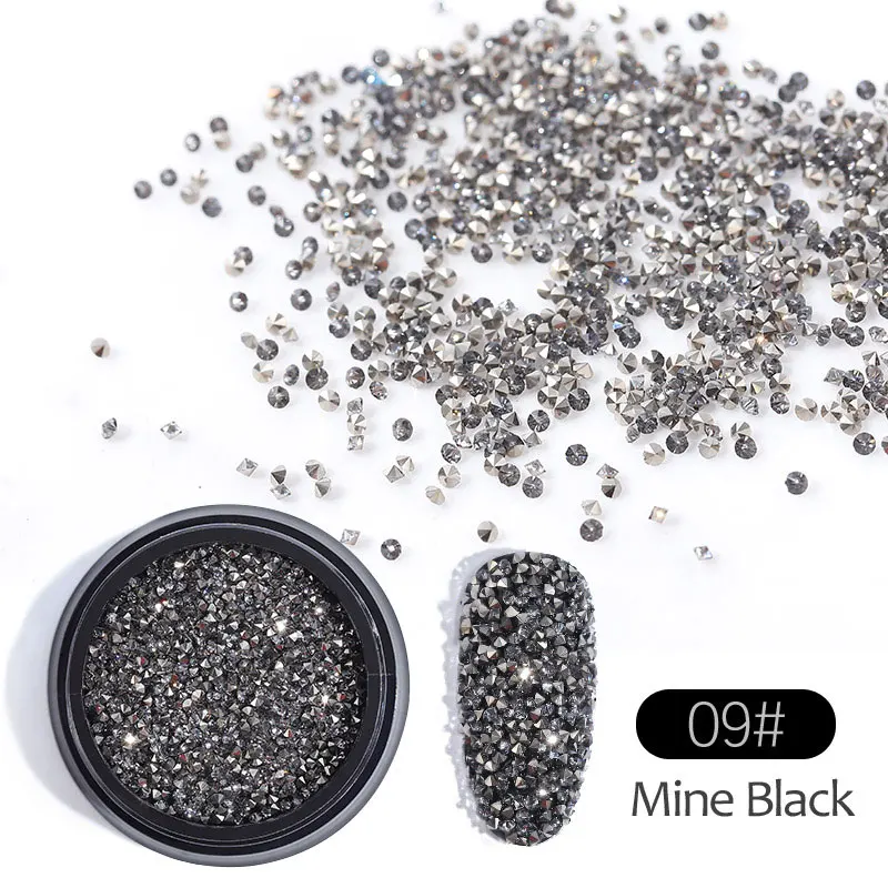 09 Mine Black 1 коробка 1,2 мм микро кристаллы блеск AB Стразы для ногтей серебро/Радуга/розовое золото/Шампанское форма глаз Стразы для ногтей - Цвет: 09 Mine Black