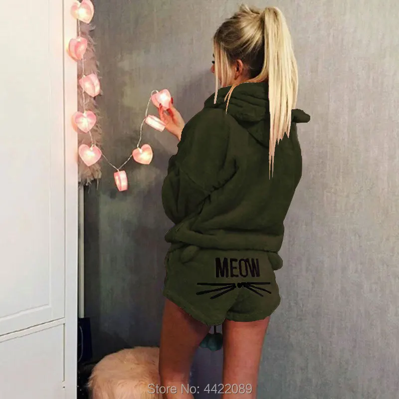 Милый женский осенне-зимний комплект из двух предметов, пижама, Теплый Бархатный Костюм кораллового цвета, одежда для сна, толстовки с капюшоном и рисунком кота, шорты
