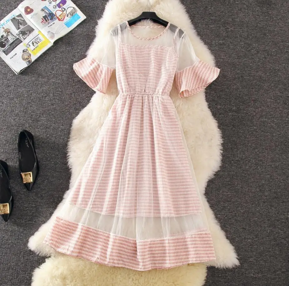 Новинка лета 2018 женское корейское Сетчатое длинное модное платье в стиле пэчворк