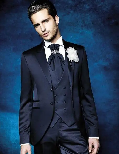 Темно-синий Официальный Мужской костюм для свадьбы, 3 предмета (пиджак + брюки + жилет + галстук), новейший дизайн, тонкий блейзер для жениха, к...