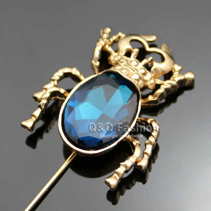 Blue Ювелирные изделия Египетский Khepri в виде жука скарабея Золотой лацкан заколка галстук шарф со Стразами Шпильки значок подарок Мужская брошь, броши для женщин - Окраска металла: Blue