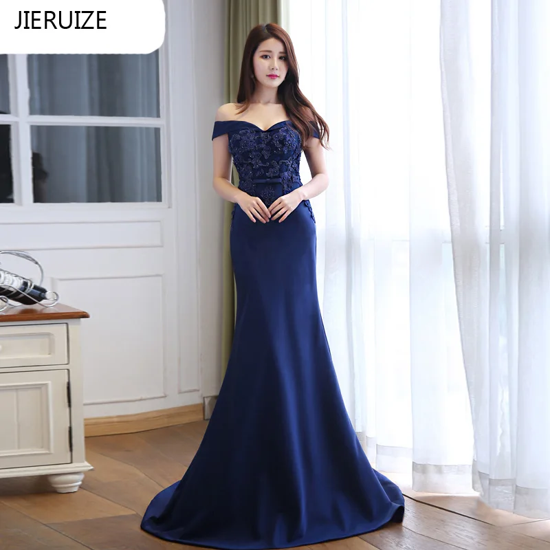 dark navy blue JIERUIZE темно-синие кружевные Длинные вечерние платья Русалка с открытыми плечами Вечерние платья abendkleider - Цвет: dark navy blue