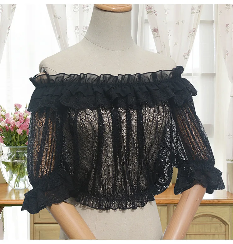 Женская кружевная блузка Готическая винтажная прозрачная рубашка с коротким