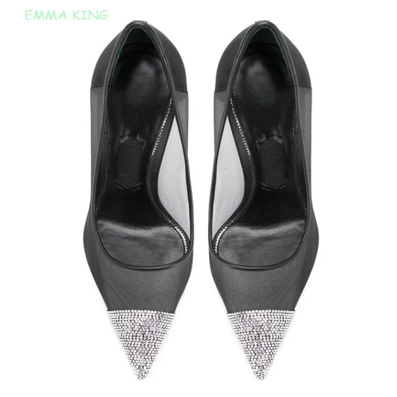 Прозрачные сетчатые кружевные туфли zapatos mujer Tacon с острым носком и кристаллами