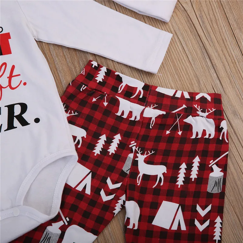 Brand New Christmas 3pcs Set Newborn Infant Baby Boy Girl Best Gift Ever Romper Pants Elk Print Beanie Hat Outfits Clothes USA | Детская