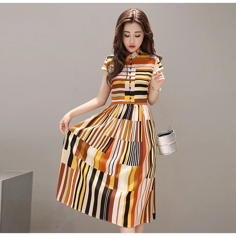 Модное женское платье летнее новое тонкое с коротким рукавом в полоску Vestido со
