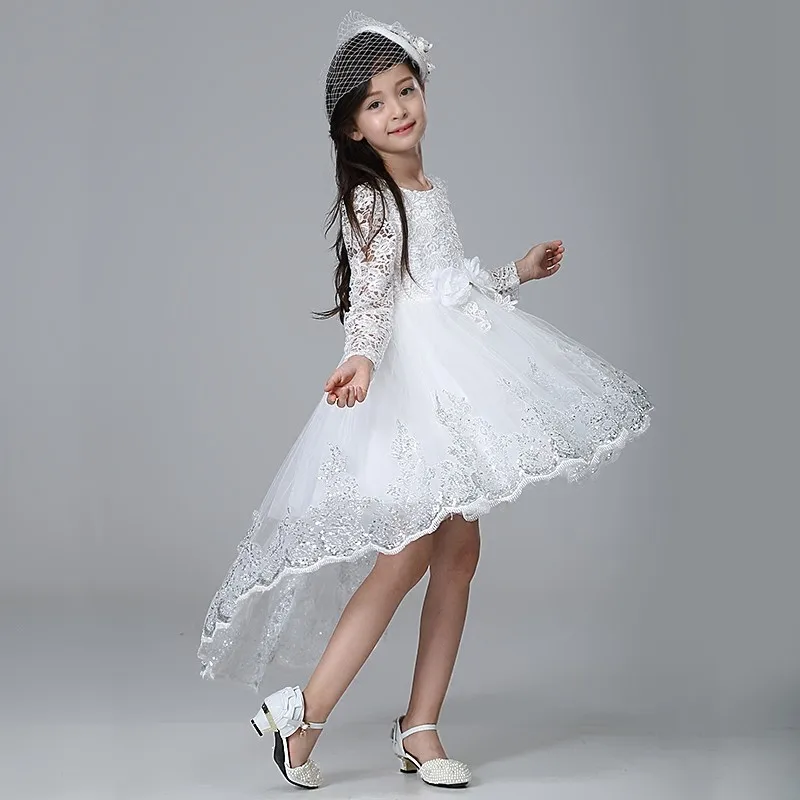 Elegant Lace Long Sleeves Princess Girls Dovetail Dress Kids Children Trailing Sequins Flower White Birthday Party Prom | Детская одежда