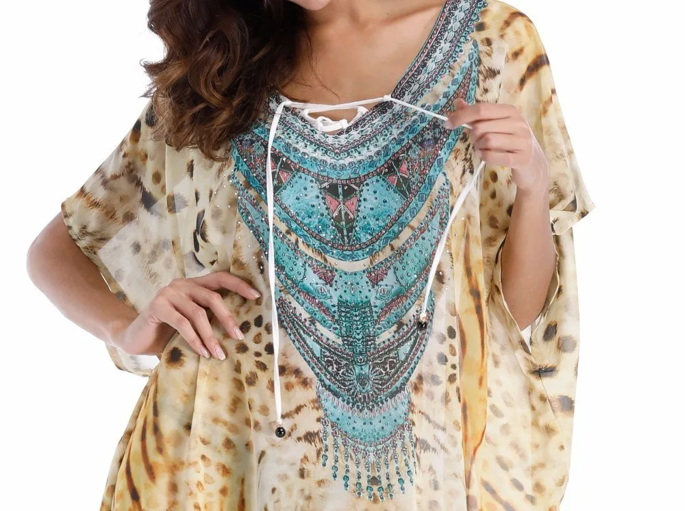 Feiterawn Summer V Neck Rhinestone Boho Print Loose Dress Women Chiffon Long Maxi Dresses Plus Size Leopard Beach | Женская одежда