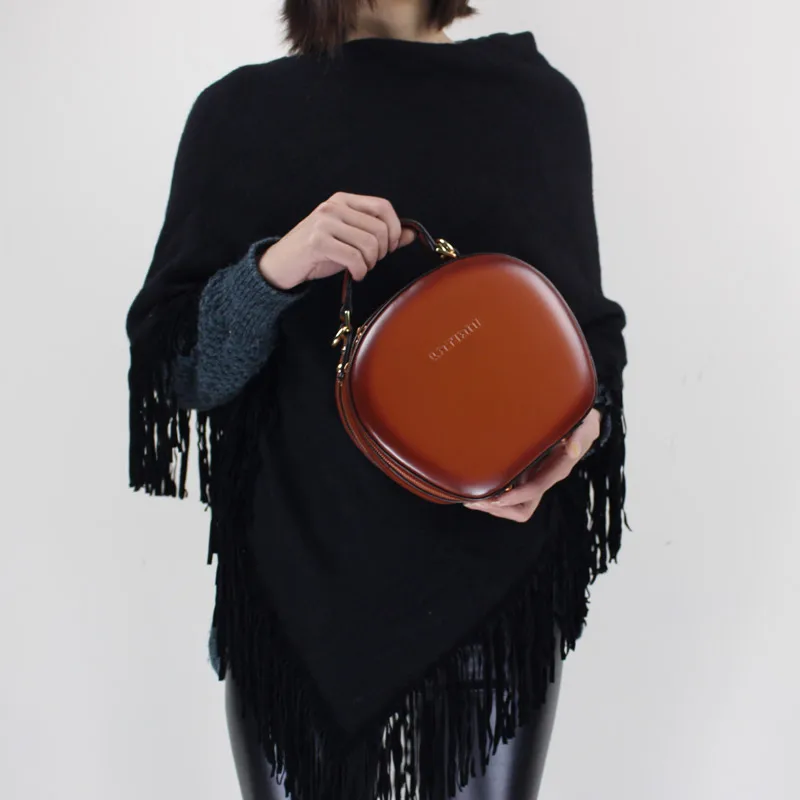 

BENVICHED Ladies' Cattle leather Round bag 2022 new fashion women Pure color handbag single shoulder bag mini retro bag c380