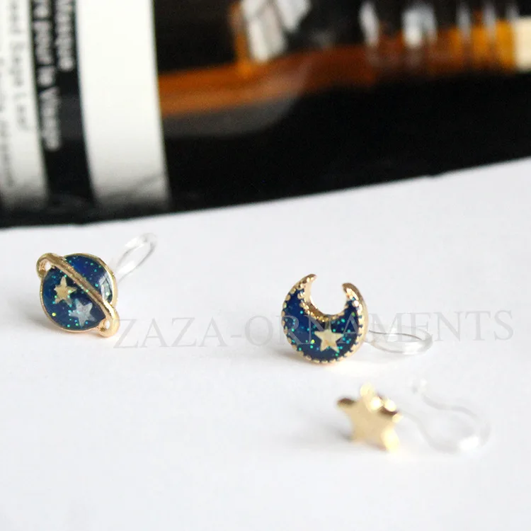 Korea cute star moon clip on earrings for girls round planet minimalis tiny small pairs kawaii gifts | Украшения и аксессуары