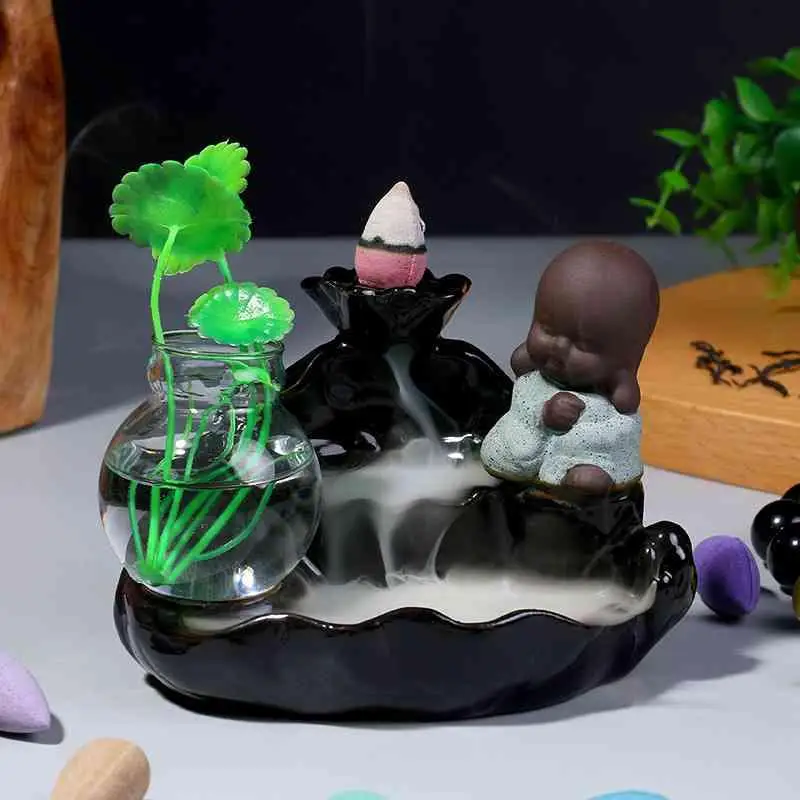 

Backflow Incense Burner Ceramic The Little Monk Incense Holder Lotus Flower Aromatherapy Furnace Smell Aromatic Incense Road