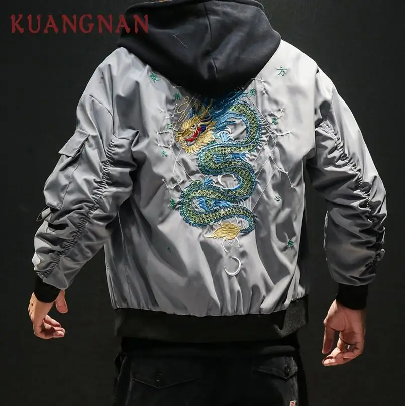 KUANGNAN китайский дракон, вышивка, Мужская модная куртка в стиле хип-хоп, уличная куртка-бомбер, Мужское пальто, мужская куртка, пальто, 5XL, осень - Цвет: Gray