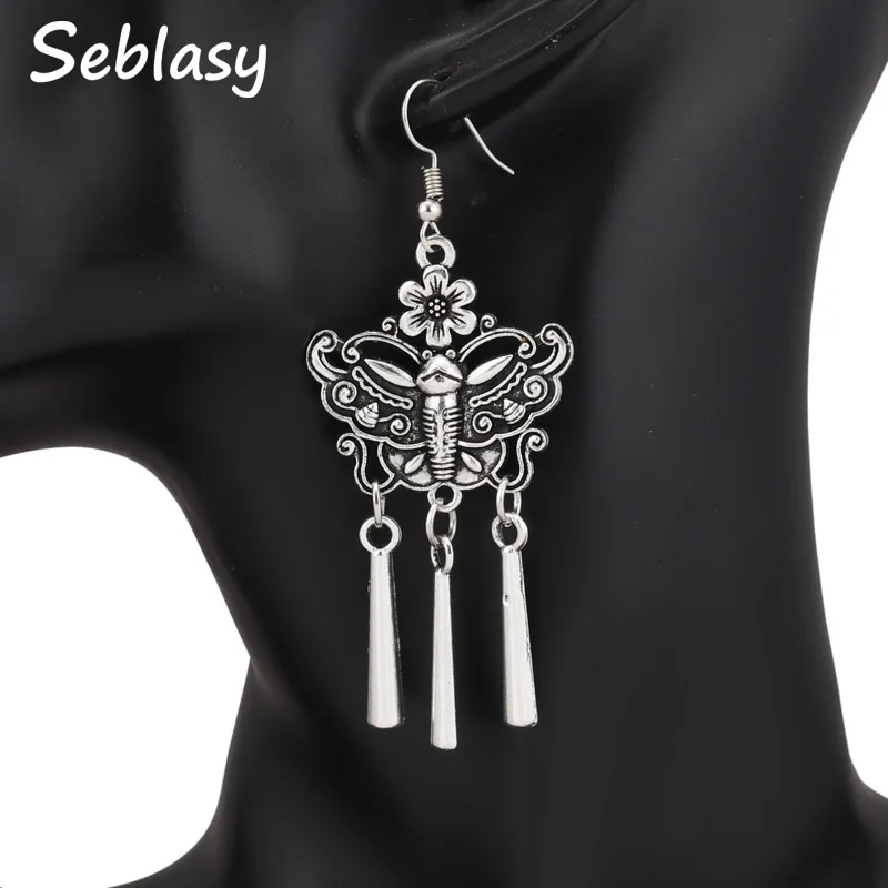 Seblasy Hot Sale Vintage Long Statement Flower Flying Butterfly Drop Earrings Punk Stripe Tassel Dangle Women Jewelry | Украшения и