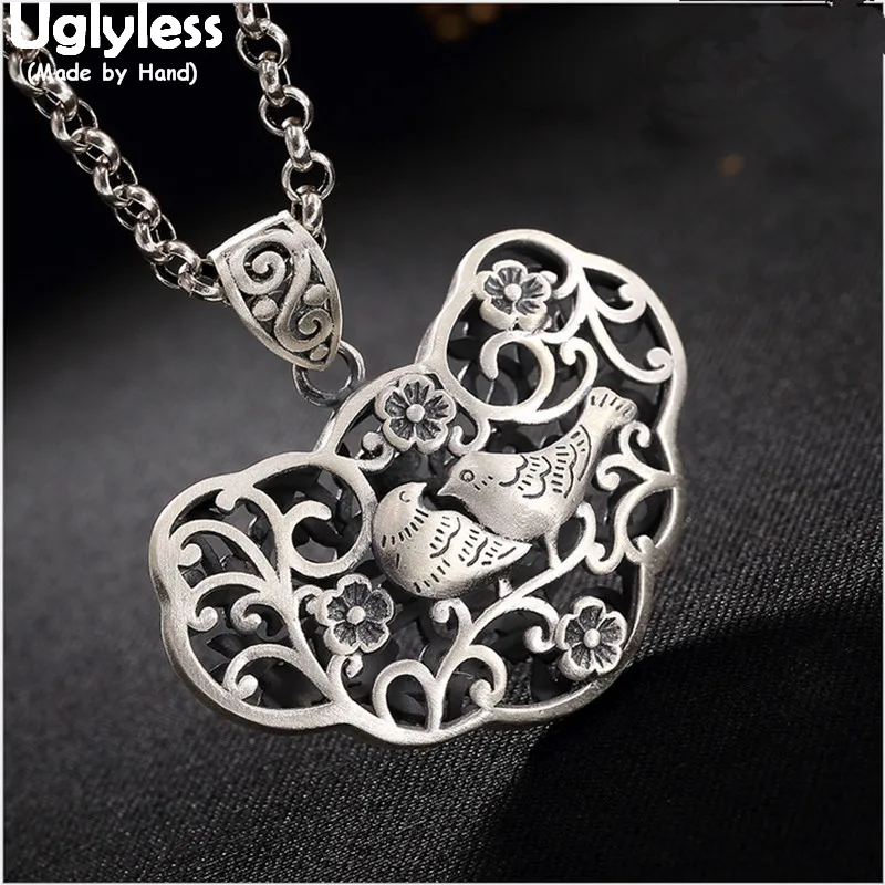 

Uglyless Real 999 Fine Silver Ethnic Heart-shape Hollow Pendant without Chain Engraved Birds Women Jewelry Vintage Flower Bijoux