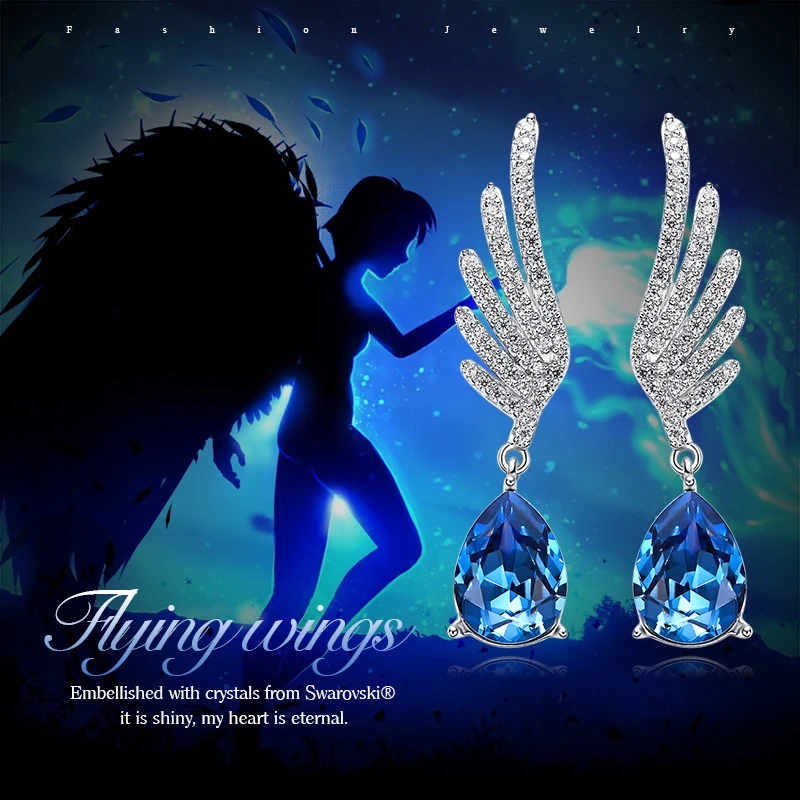 CDE 925 пробы серебряные серьги, украшенные кристаллами от Swarovski, крылья ангела, капли воды, серьги для женщин, ювелирные изделия для ушей