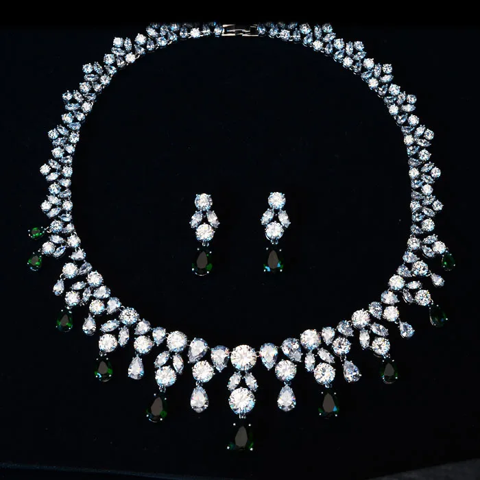 Модные Ювелирные наборы зеленый цирконий AAA с фианитами серьги/ожерелье акция
