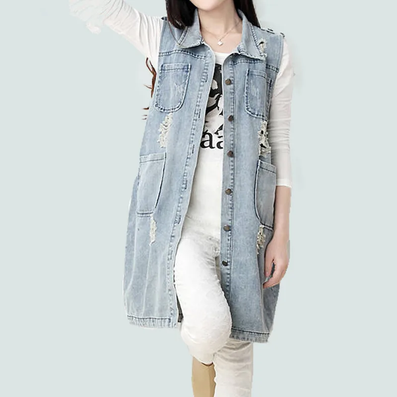 Женская длинная джинсовая куртка с дырками винтажная уличная одежда большого