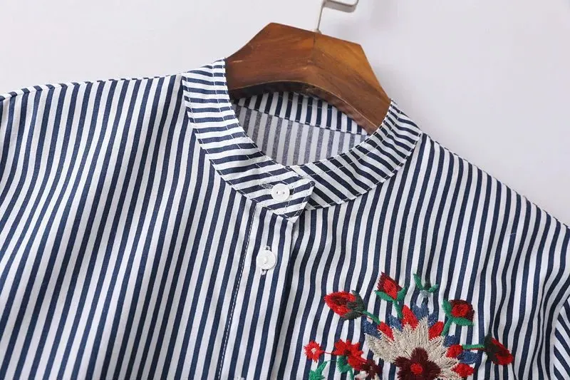 Woman Embroidery Blouse Striped Shirt Cotton Stand Collar Long Sleeve Floral Bird Tops Camisa Feminina |