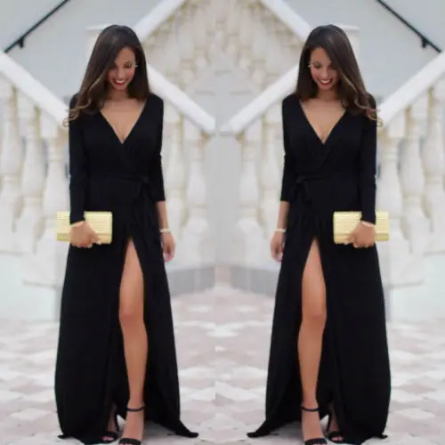 Женское вечернее платье макси однотонное черное с длинным рукавом и | Женская