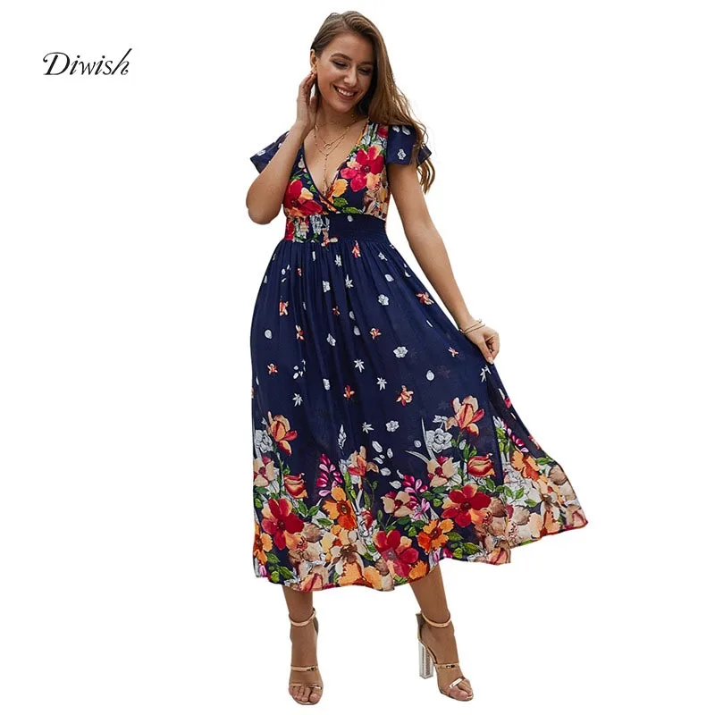 Женское длинное платье с цветочным принтом Diwish пляжное из хлопка глубоким
