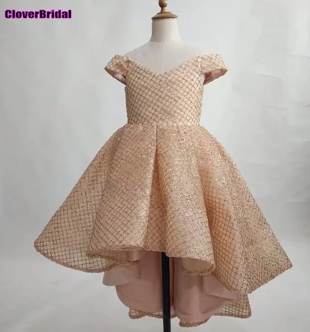 CloverBridal/хорошее качество, шикарное блестящее роскошное Золотое Платье с v-образным вырезом и высоким низким вырезом для девочек с открытыми плечами, праздничное платье для девочек с цветочным узором для танцев