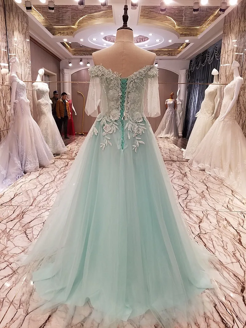 LS89373 Длинные вечерние платья Тюль с плеча бисером линия короткими рукавами и