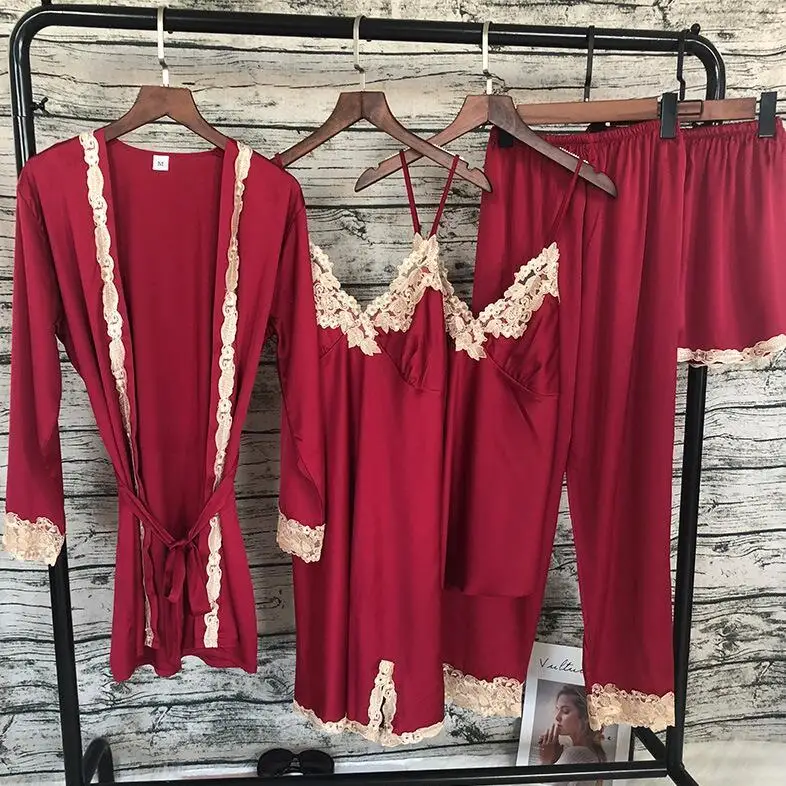 wine red Новинка, 5 шт., кружевной сексуальный пижамный комплект с нагрудным подкладом, ночная рубашка+ штаны+ кардиган, комплект одежды для сна - Цвет: wine red