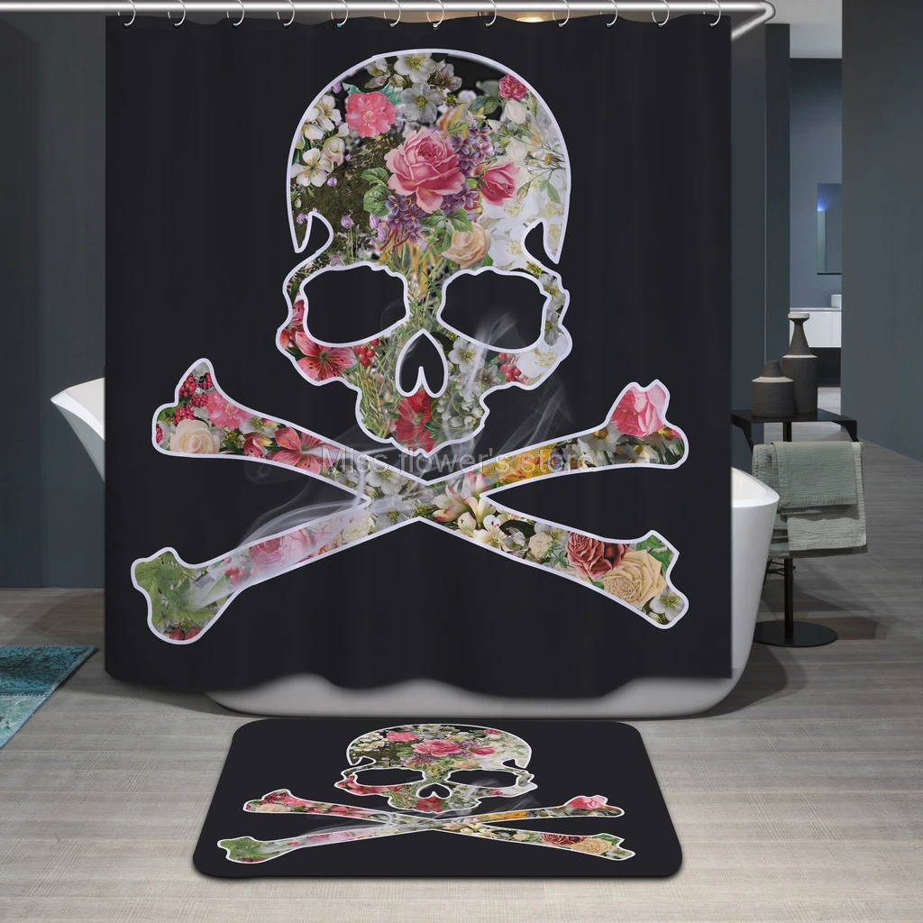 Rose & Skull Crossbones Skeleton Design Custom Shower Curtain Bathroom Waterproof Mildewproof Polyester Fabric With 12 Hooks | Дом и сад