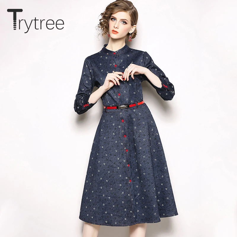 Trytree летнее осеннее платье джинсовое повседневное ТРАПЕЦИЕВИДНОЕ женское темно