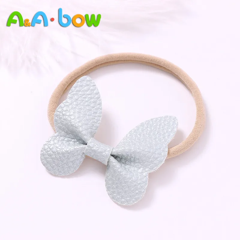 Diadema el&aacute;stica de piel sint&eacute;tica para beb&eacute;, bandanas con lazo de mariposa para ni&ntilde;a, accesorios para el cabello de nailon suave de Color caramelo, 1 ud.-1