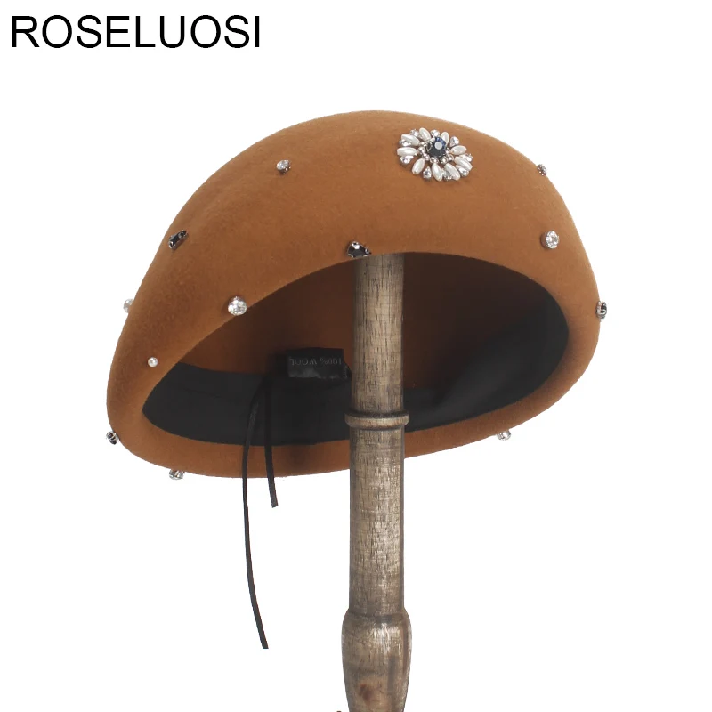 Осенне-зимний шерстяной берет ROSELUOSI с бисером шапка для женщин модный цветочным