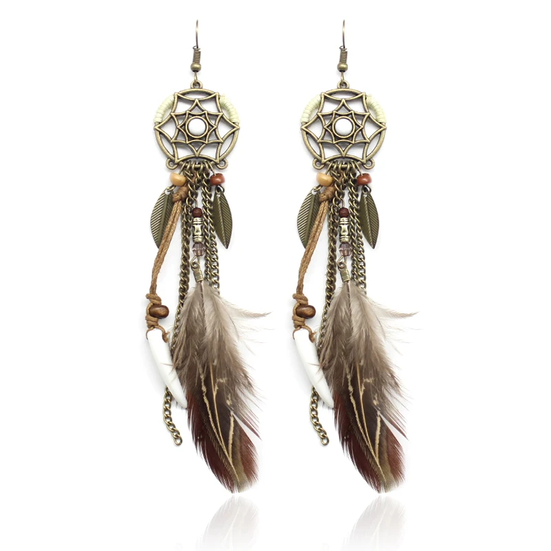 Длинные серьги Lucky Dreamcatcher в виде листьев пера индийские ретро серьги-подвески