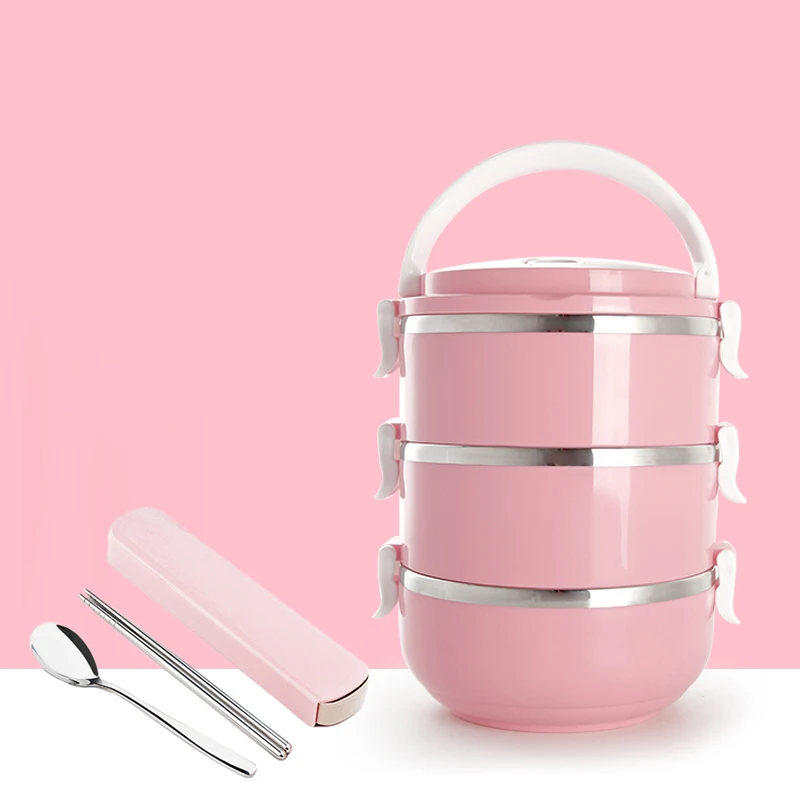 Pink 3 Layer Металлический Ланч-бокс из нержавеющей стали для детей, студентов, Теплоизоляционный контейнер для суши, Портативный японский Бенто-бокс, столовый набор - Цвет: Pink 3 Layer