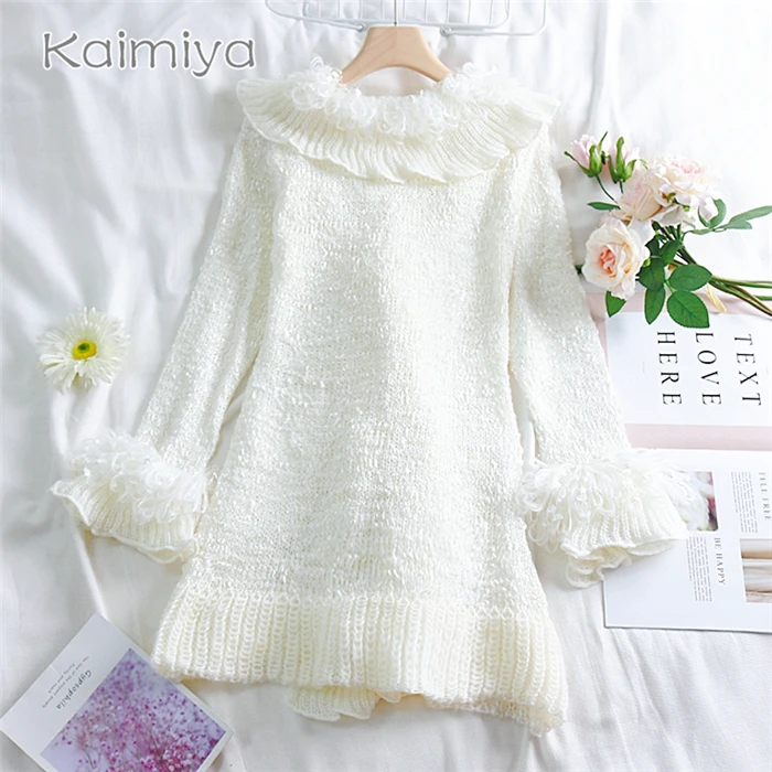 Elegant Knitted Open Sticch White Female Japan Princess Sweet Cute Ruffles Long Sleeve Cardigans Flare Women Sweater |