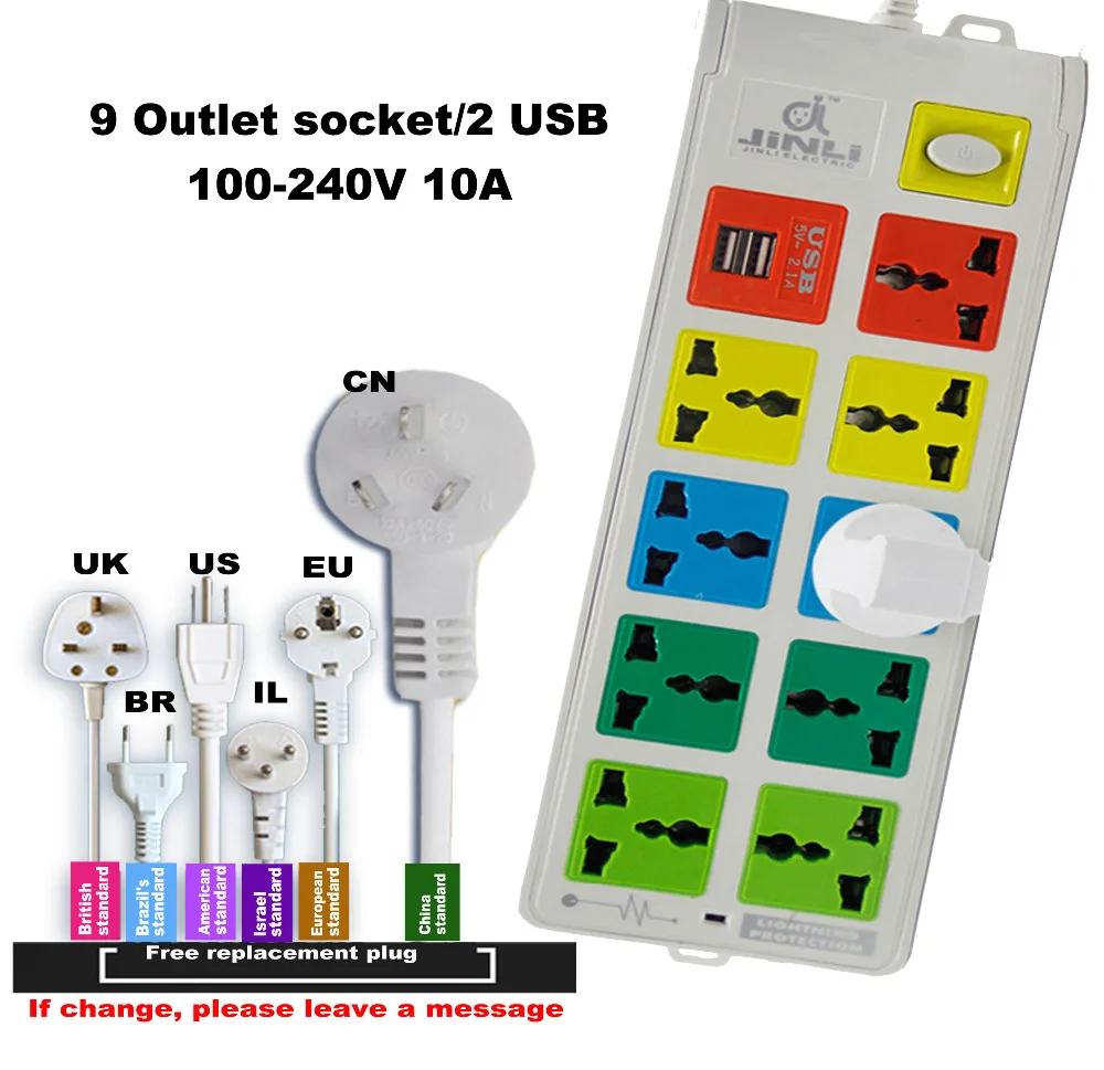 Защита от перенапряжения 9 розеток и 2 USB порта 100 ~ 240 В 10 А|eu us|socket aswitch and socket |