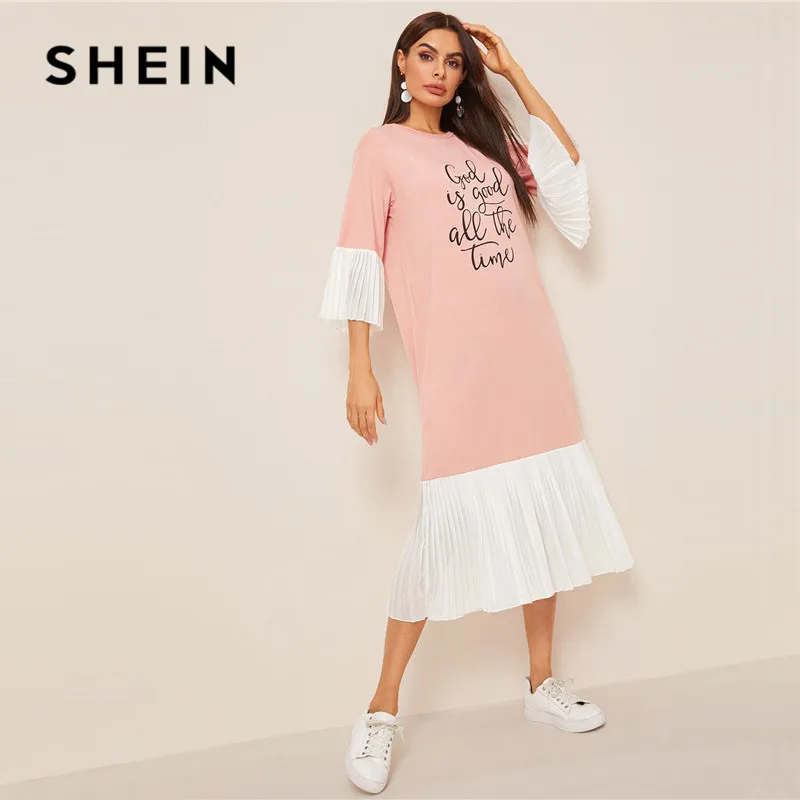 SHEIN летнее платье-хиджаб со слоганом и плиссировкой, женское повседневное свободное платье миди с рукавами-воланами, розовое длинное платье с коротким рукавом