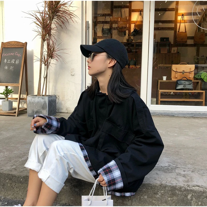 Plegie Harajuku, негабаритная клетчатая Лоскутная Женская куртка, весна, новая верхняя одежда, пальто в стиле хип-хоп, уличная одежда, свободные BF стильные куртки