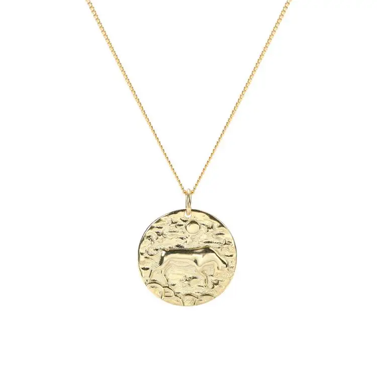 gold necklace LouLeur, настоящее 925 пробы, Серебряный кулон "Телец", тисненый дизайн, подвеска в виде животного, ожерелье для женщин, модное прекрасное ювелирное ожерелье - Цвет камня: gold necklace