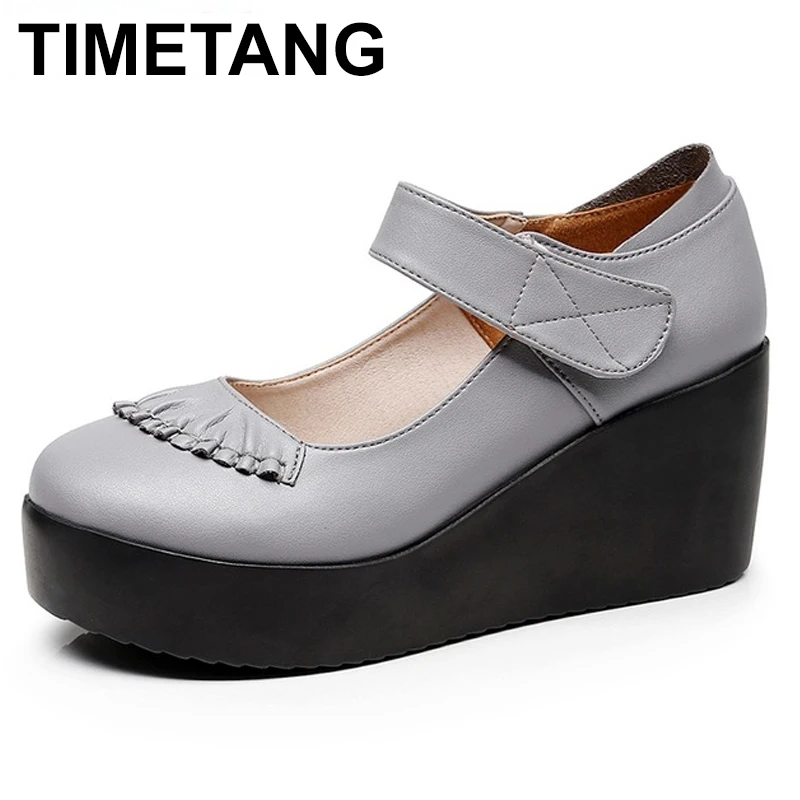 

TIMETANG 2018 Spring Soft Leather Women Pumps Platform Wedges Round Toes Ankle Strap High Heels Women Shoes Plus Size 34-43