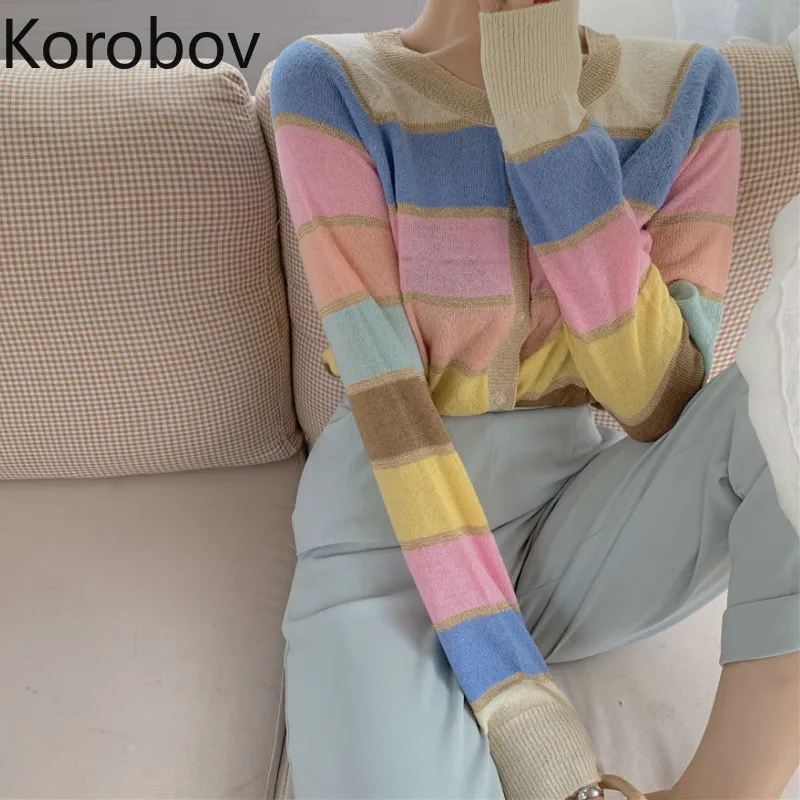Korobov/милый модный кардиган в радужную полоску летний тонкий солнцезащитный